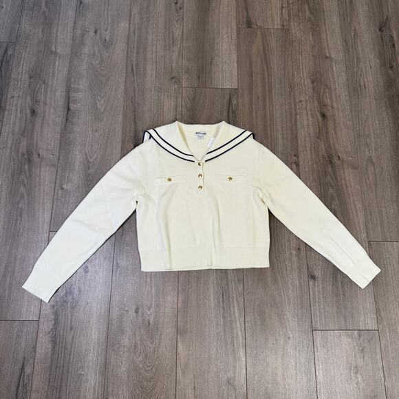 Crewcuts J.Crew Sailor Collar Sweater Girls XXL Ivory Navy Pullover Patch Pocket - Picture 3 of 7